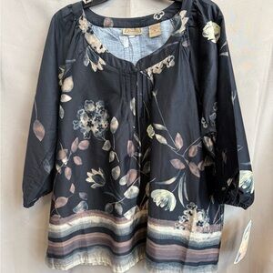 NWT Art And Soul Black Floral Boho Top Peasant Blouse XL